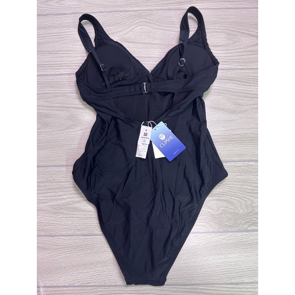 Cupshe Black Tummy Control V Neck Pleated One Piece Swimsuit CAA12E6A061AA M - Picture 4 of 7